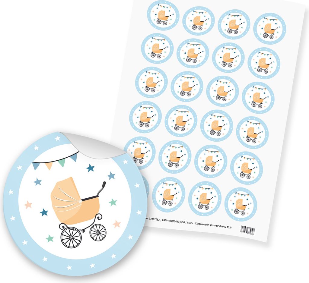 itenga 24x Sticker "Kinderwagen Vintage" (Motiv 135) hellblau gelb