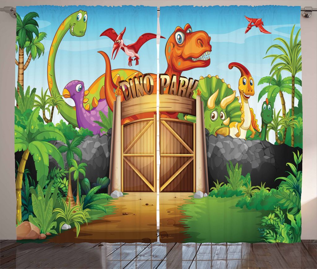 ABAKUHAUS Zoo Rustikaler Gardine, Wilde Dinosaurier Park Tür, Schlafzimmer Kräuselband Vorhang mit Schlaufen und Haken, 280 x 245 cm, Mehrfarbig