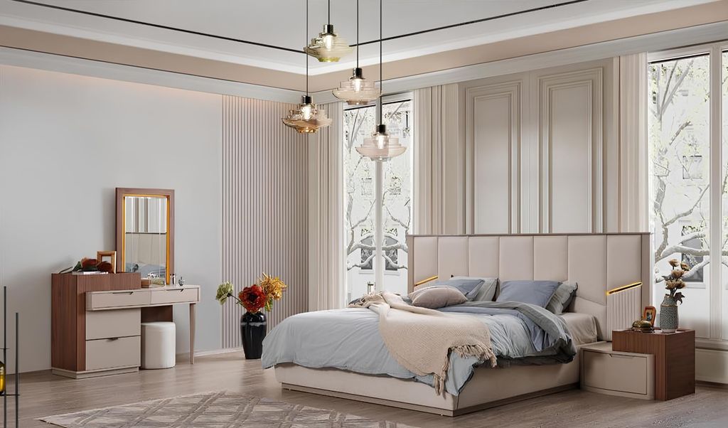 Beige Schlafzimmer Garnitur Polsterbetten Nachttische Schrank