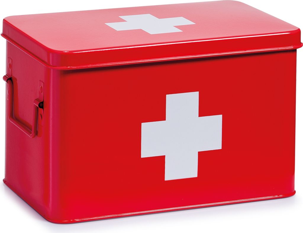 A red metal first aid box with a white cross on the front and top, shown from a slightly elevated front-side angle.