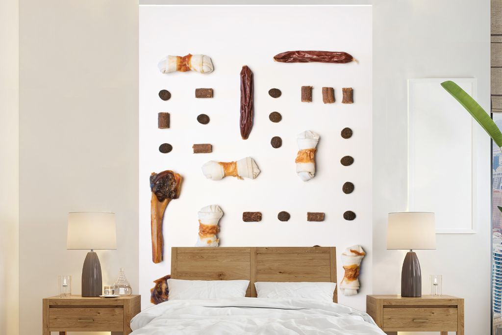 MuchoWow Fototapete für Wohnzimmer oder Schlafzimmer Wandtapete Vinyl Motivtapete Hund - Knochen - Kekse - 155x240 cm - Tapete