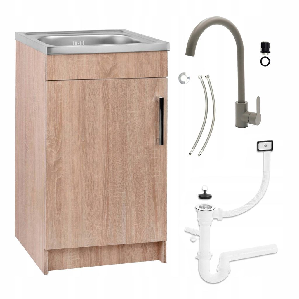 Stamar | Küchenschrank, mit Spüle, 50 cm, Eiche Sonoma, mit Armatur und Siphon