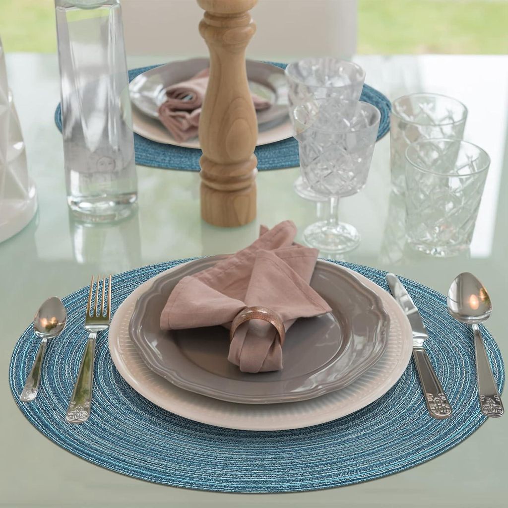 Runde Platzsets aus Baumwolle, Set von 6, 38 cm, waschbar, hitzebeständig, rutschfest, für den Esstisch, blau