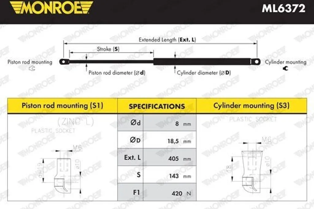 Vérin de coffre à gaz MONROE ML6372 pour hayon Fiat Panda Arrière