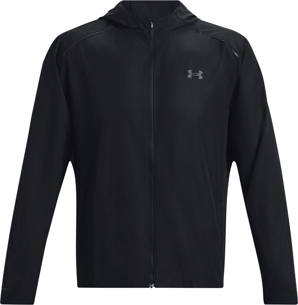 A black Under Armour hooded jacket is shown front and center against a white background.