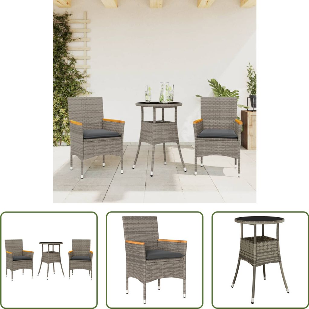 The Living Store 3-tlg. Garten-Essgruppe mit Kissen Grau Poly Rattan und Glas
