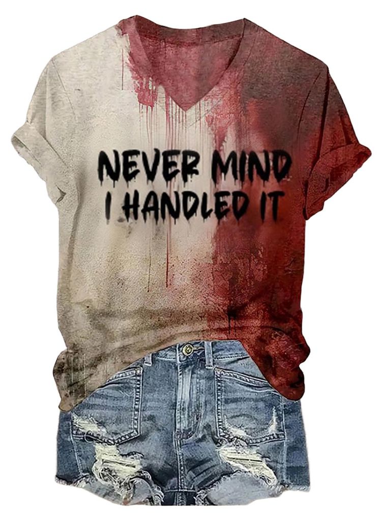 „Keine Sorge, ich hab’s erledigt“-Blut-Shirt für Damen, lustiges Halloween-Horror-Kleidungsstück, Kurzarm-Top mit V-Ausschnitt und Blutspri...