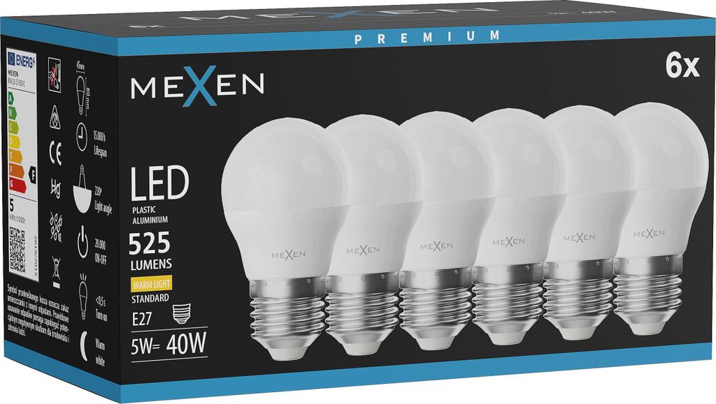 Mexen Nova 6x LED-Glühbirne E27, G45, 5W, Warm - 3000K, 525 lm - L101-E27-0530-01x06