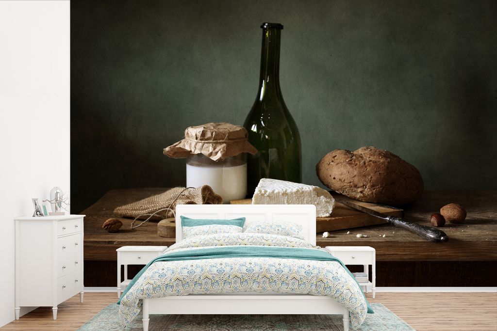 MuchoWow Fototapete für Wohnzimmer oder Schlafzimmer Wandtapete Vinyl Motivtapete Rustikal - Brie - Stillleben - Flasche - Brot - 600x400 cm - V...