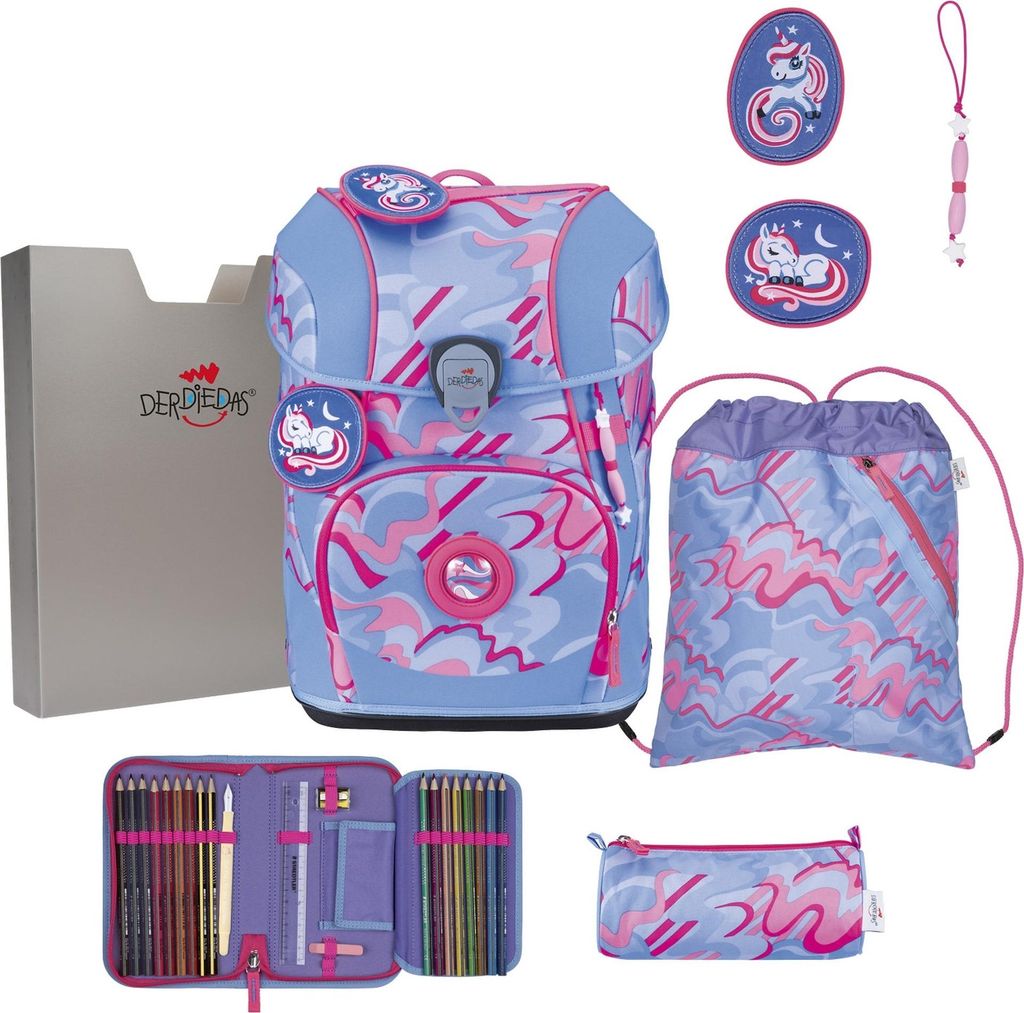 DerDieDas Schulranzen ErgoFlex Tiny Superflash Set 6-teilig Magic Unicorn hellblau