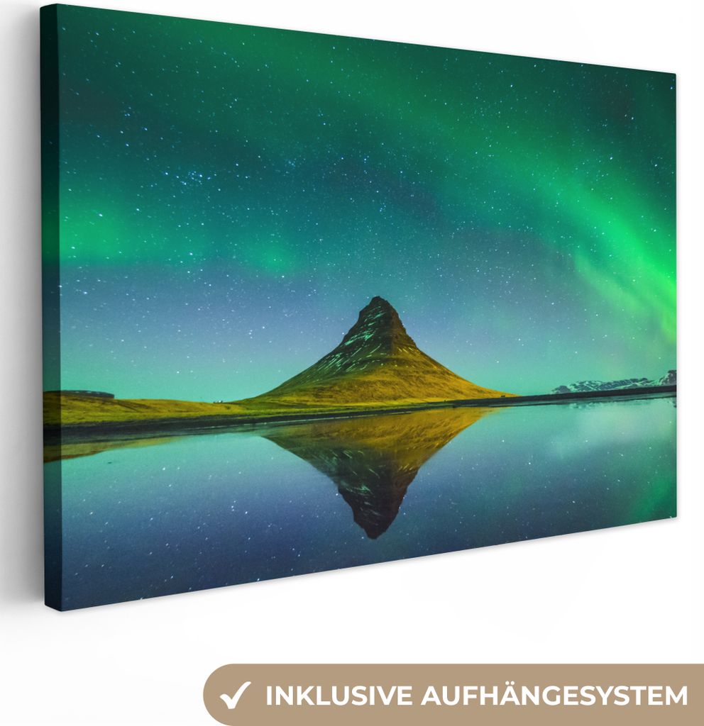 OneMillionCanvasses - Leinwandbilder - 150x100 cm, Nordlicht - Berge - Wasser - Island - Natur, Wandbilder Kunstdruck Wanddekoration