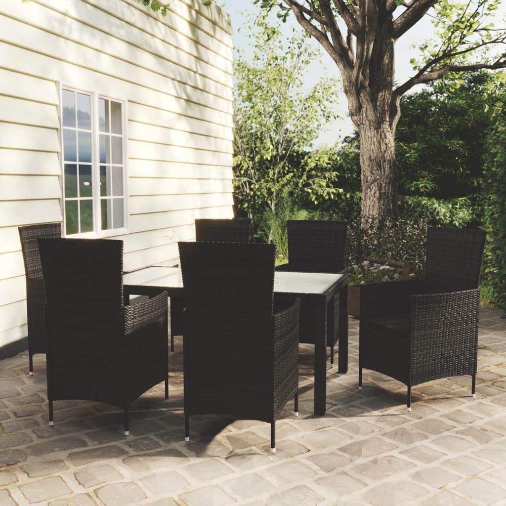 "Rabatt" 7-tlg. Garten-Essgruppe - mit tishe & Stuhl - mit Auflagen Poly Rattan Schwarz - Lounge-Dining set CC3374