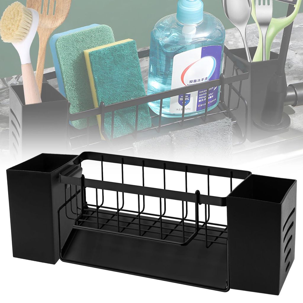 Aufbewahrungsgestell für Geschirr und Besteck, Geschirrorganizer, Küchenorganizer, Spülbeckenorganizer, schwarz mit 2 Essstäbchenhaltern, Küch...
