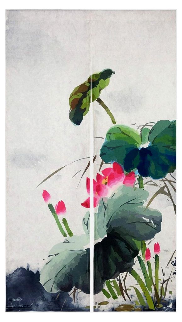 Japanischer Stil dicker Leinen Noren Vorhang, Raumteiler, Tapisserie für Heimtextilien, 85 x 150 cm, Weiß, Lotusteich