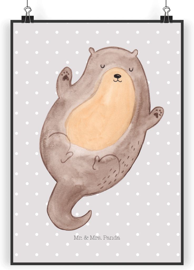 Mr. & Mrs. Panda Bild Otter Umarmen DIN A5 - Grau Pastell - Geschenk, Kunstdruck, wanddeko, glücklich, Plakat, Hallo, Seeotter See, gut Gelaunt, d...