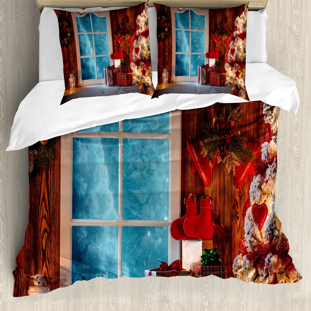 Copripiumino Natalizio ABAKUHAUS 155x220: Casa Innevata Antiacaro Blu Rosso