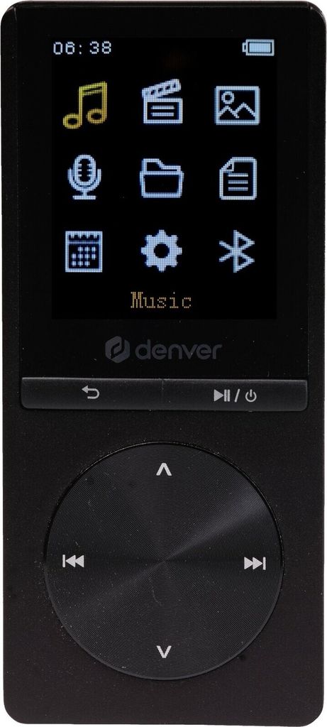 A black Denver MP-1820 MP4 player with a screen displaying icons and text.