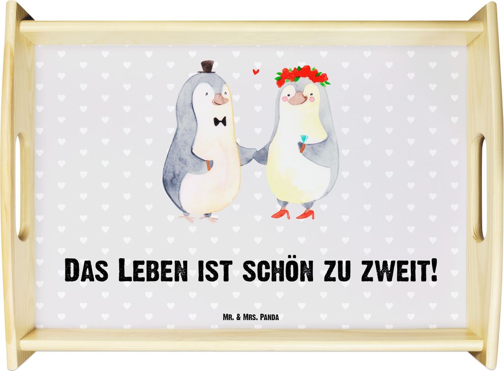 Mr. & Mrs. Panda Tablett Pinguin Heirat - Grau Pastell - Geschenk, Serviertablett, Hochzeit, Bett-Tablett, Bräutigam, Holztablett, Pärchen, Freun...