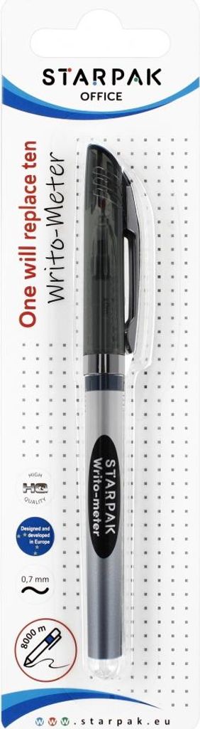 A pen in its packaging, with product information and branding visible.