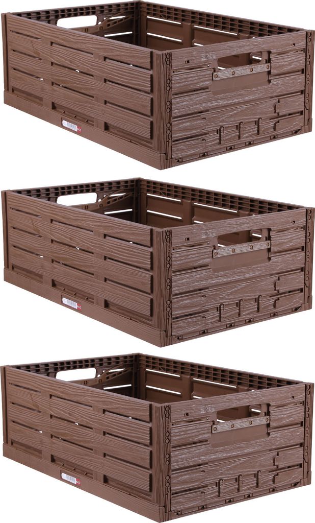 Faltbox Holzdesign 60x40x21,8cm (3er-Pack), Stapelbare Klappkiste 45 L, stabil & faltbar, Einkaufskorb, Obst- & Gemüsekiste