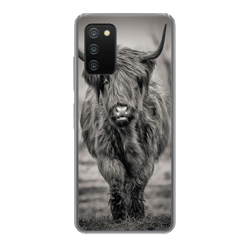 MuchoWow Handyhülle Schutzhülle Hülle für Samsung Galaxy A03s Schottischer Highlander - Schwarz und Weiß Silikon Softcase Handy Hülle - Schutz