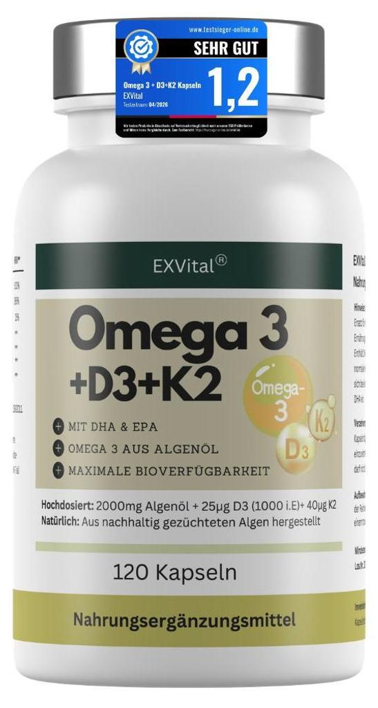 Omega 3 + D3 & K2 Kapseln, 100% vegan aus Algenöl, 120 Stück von EXVital