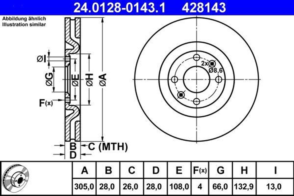 ATE 24.0128-0143.1 Bremsscheibe OE 4246T1 kompatibel mit 406