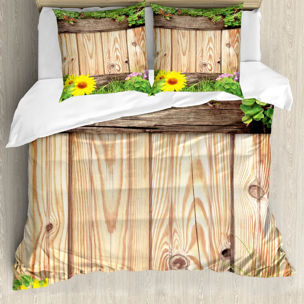 ABAKUHAUS Copripiumino in legno, recinzione da giardino con farfalle, antiacaro, adatto a chi soffre di allergie, con federe, 155 cm x 220 cm - 80 x 80 cm, marrone, verde, giallo