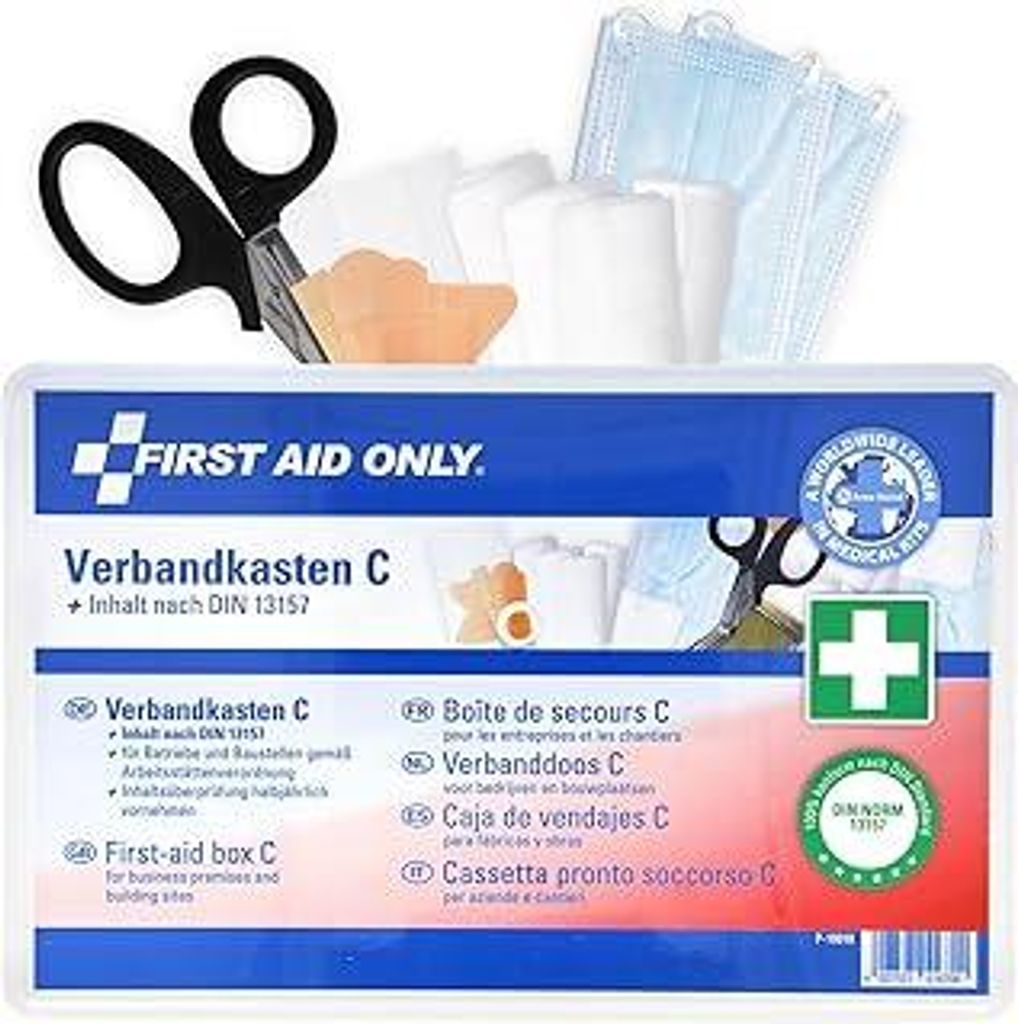First Aid Only Verbandkasten C DIN 13157 | Erste Hilfe Koffer für Betriebe, Kfz und Haushalte gefüllt nach DIN 13157:2021 | Erfüllt Arbeitsstät...