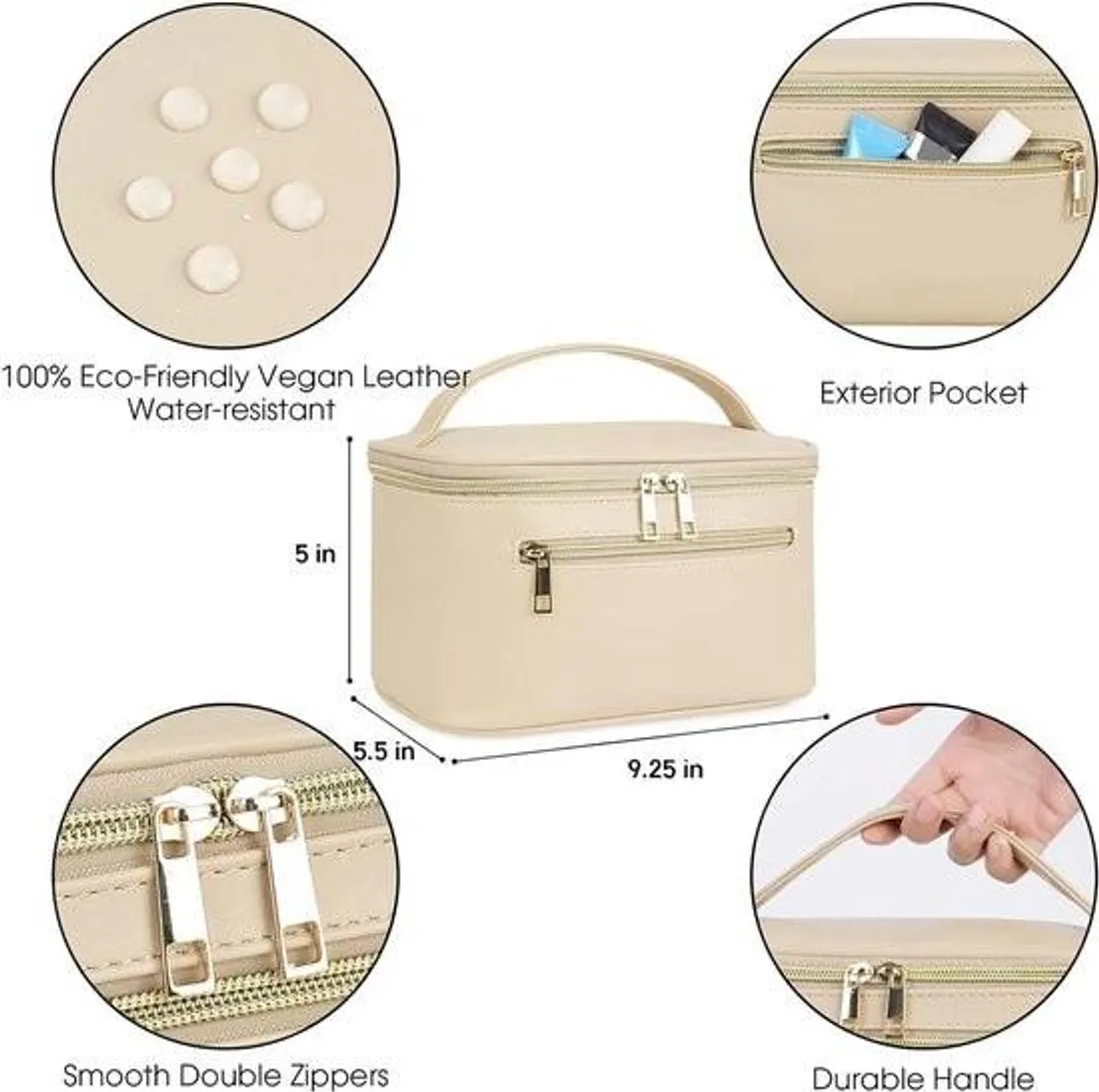 Trousse de toilette femme en cuir PU beige avec compartiment pinceaux