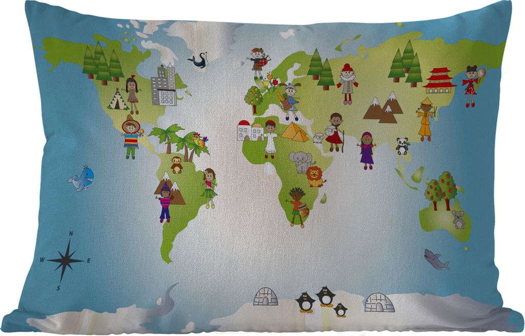 MuchoWow Outdoor Kissen - Weltkarte - Kinder - Natur - Illustration - Jungen - Mädchen - 60x40 cm - Wetterfest - Lounge Kissen - Zierkissen - Ki...
