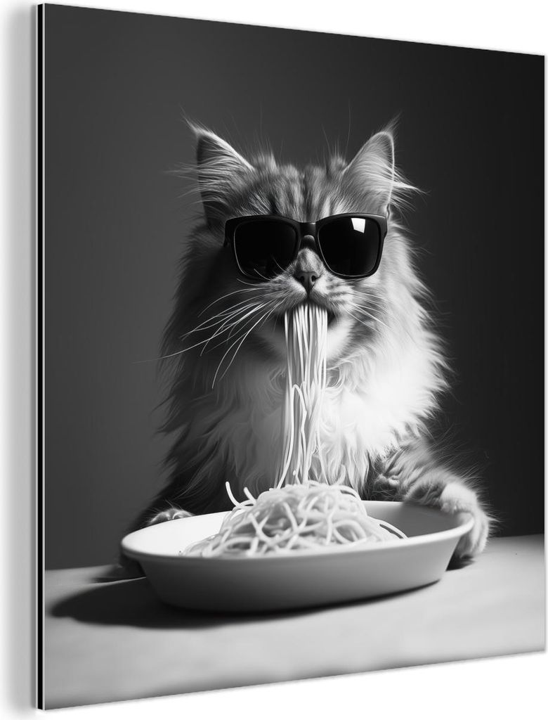 MuchoWow Wanddekoration Metall Metallbild Wandkunst 50x50 cm Langhaarkatze - Sonnenbrille - Spaghetti - Humor - Schwarz - Weiß MuchoWow Aluminium ...