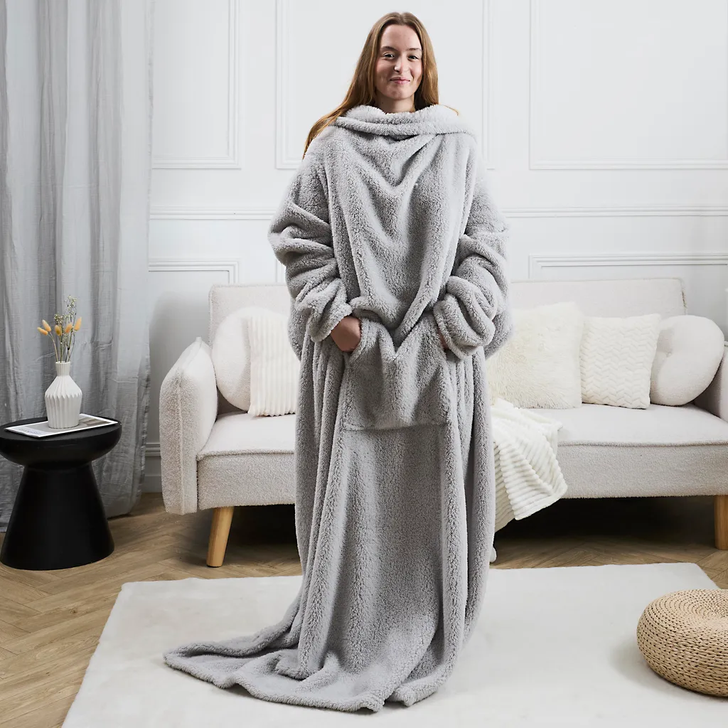 Plaid à Manches Gris Clair - Couverture Pull Douillette en Polaire Soft