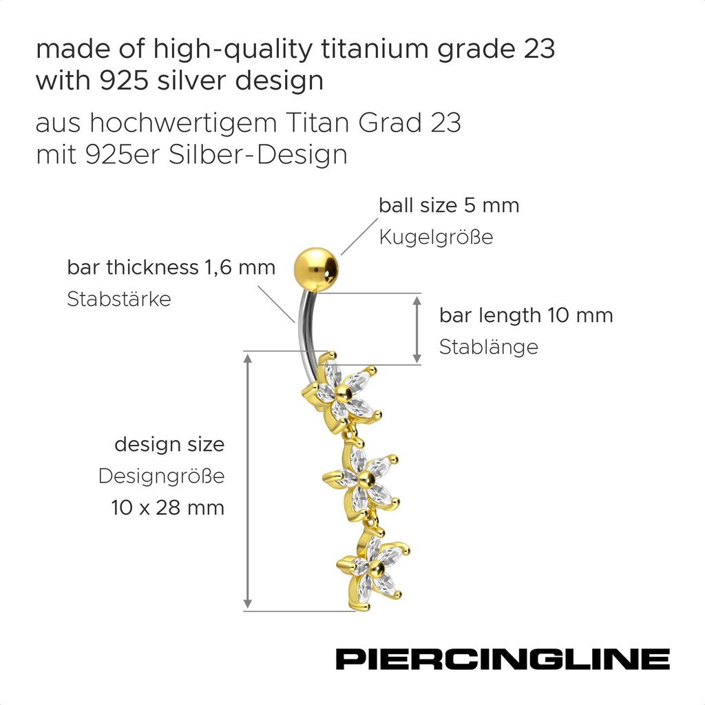 Bauchnabelpiercing Titan Bananabell mit 925er Silber-Design 3 KRISTALLBUMEN