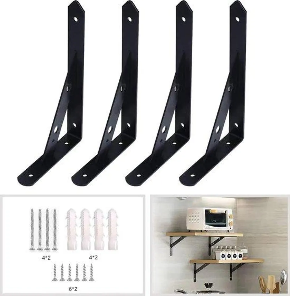 Supports Muraux en Acier Massif Noir 250mm, Capacité Charge Lourde x4