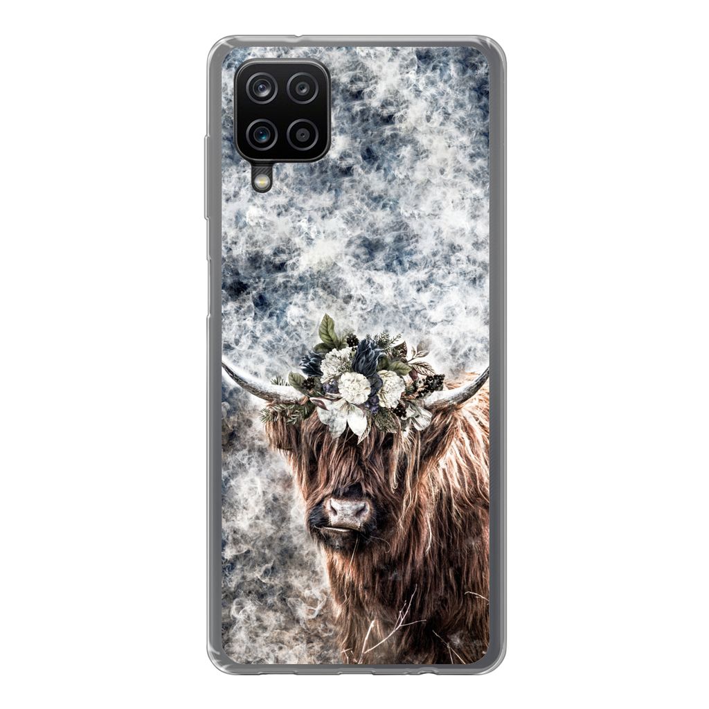 MuchoWow Handyhülle Schutzhülle Hülle für Samsung Galaxy A12 Schottischer Highlander - Rauch - Blumen Silikon Softcase Handy Hülle - Bild