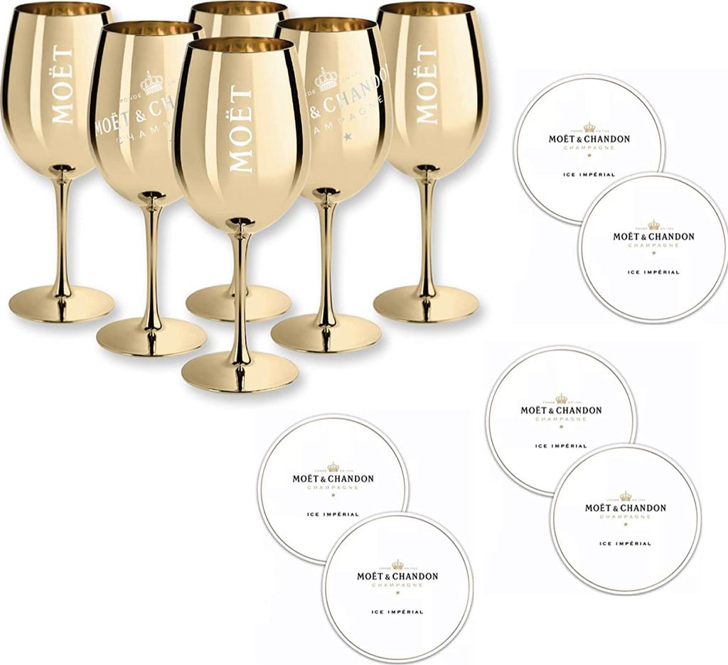 Moët & Chandon Champagnergläser in Gold inkl. Untersetzer Echtglas