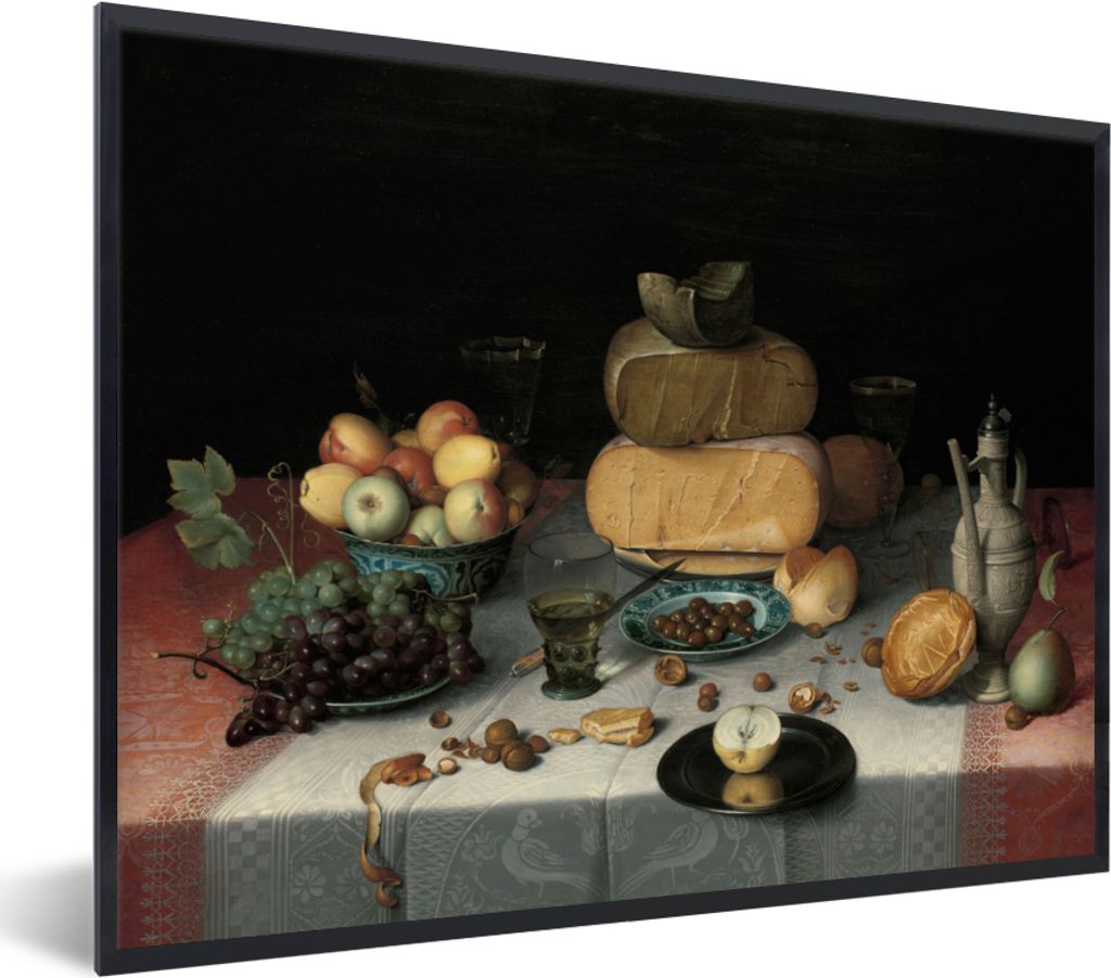 MuchoWow Gerahmtes Poster Stilleben mit Käse - Kunstwerk - Alte Meister 80x60 cm - Poster mit Schwarzem Bilderrahmen Wandposter Rahmen Foto Bild...