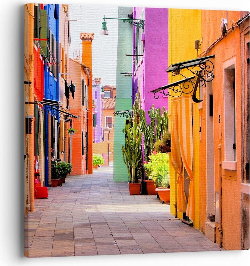 Bild auf Leinwand - Leinwandbild - Sommer Straße Haus - 40x40cm - Wand Bild - Wanddeko - Wandbilder - Leinwanddruck - Bilder - Kunstdruck - Wandde...