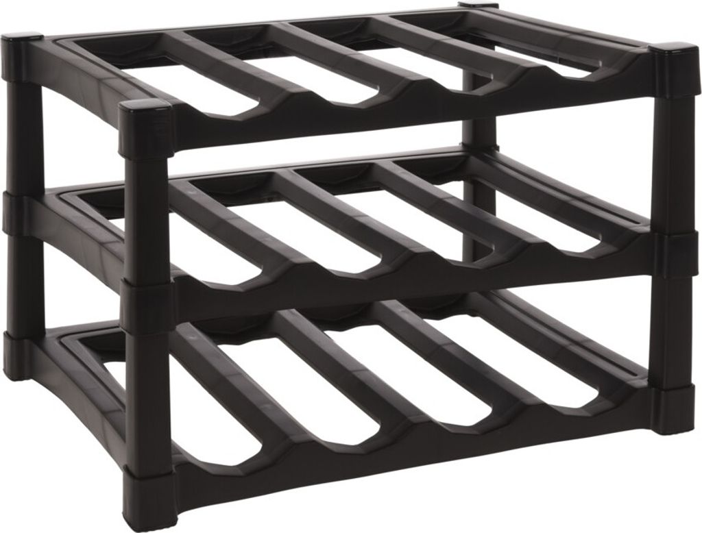 A black plastic wine rack with three tiers, each capable of holding multiple bottles.