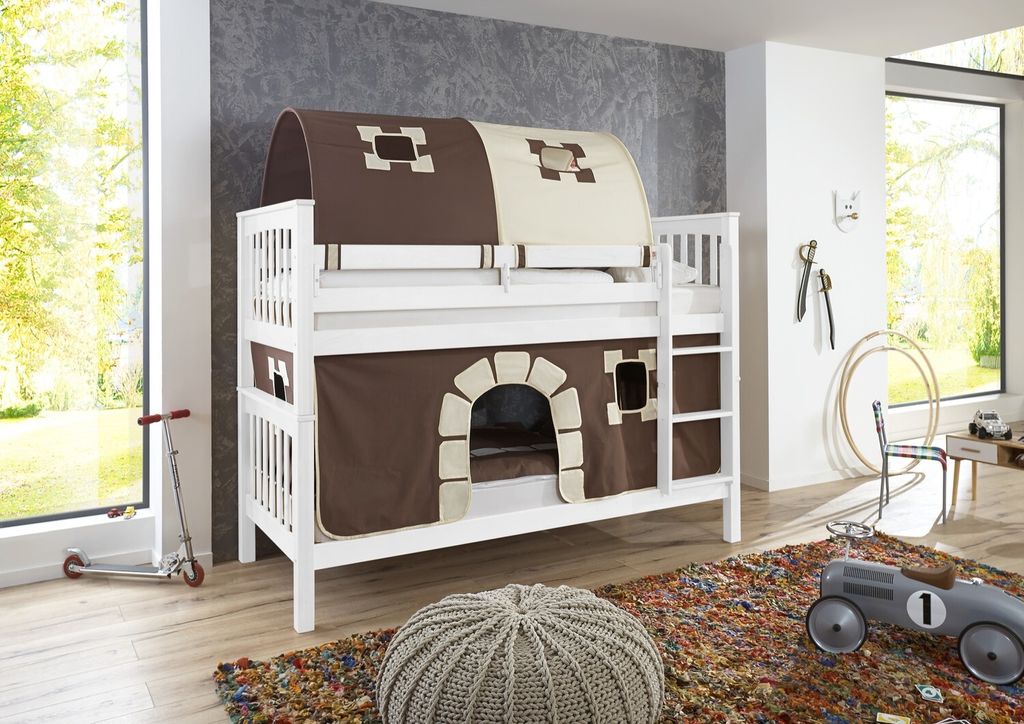 Etagenbett mit hohem Kopf- und Fußteil Kick Buche Weiß lackiert 90x200 cm