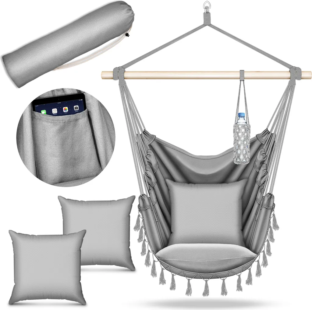 tillvex hanging chair grey 2 cuscini da appendere | hanging chair con portabicchieri e scomparto per libri | hanging seat resistente alle intemperie - indoor & outdoor | cestino da appendere con borsa per adulti e bambini