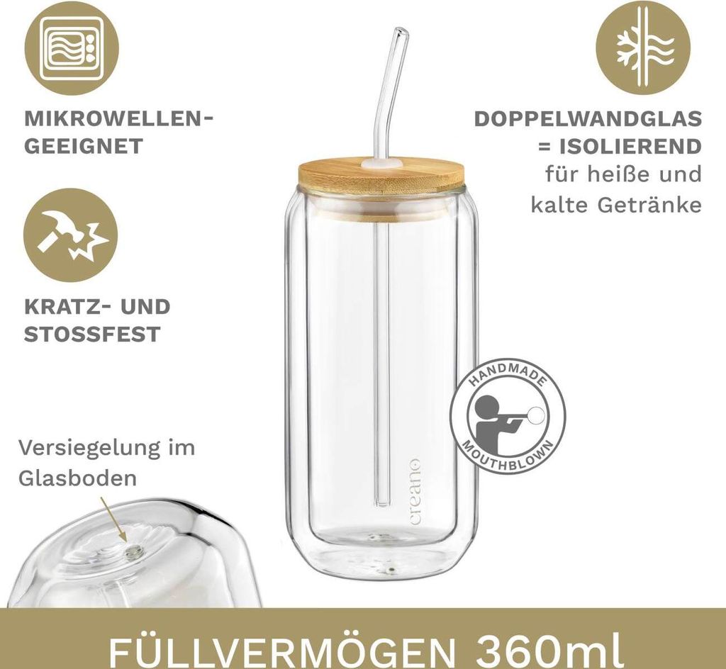 GRÄWE Thermoglas, thermobeker, drinkglas van borosilicaatglas, dubbelwandige beker, 300 ml, vaatwasmachinebestendig, voor warm en koud, met to-go deksel, groen