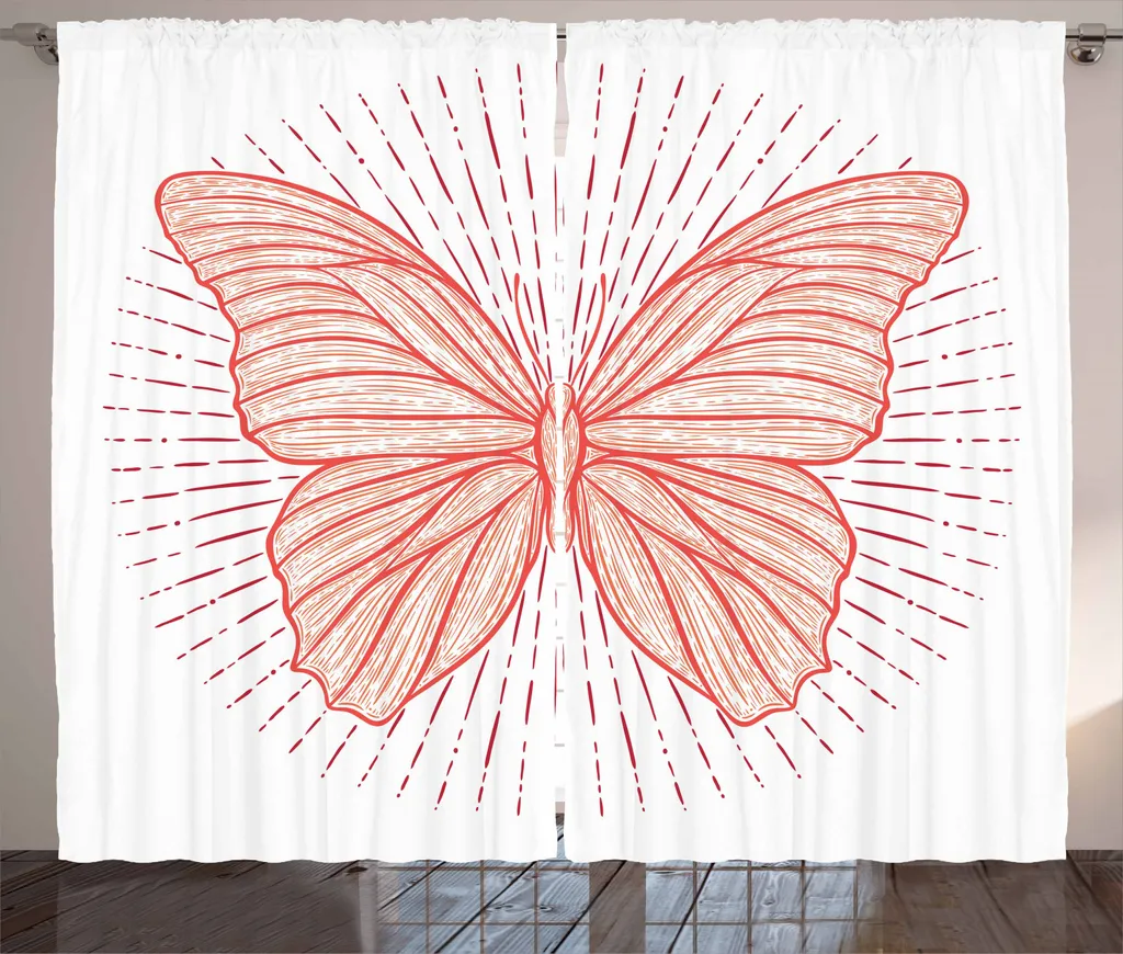 ABAKUHAUS Tenda etnica rustica, scarabocchi a forma di farfalla Sunburst, tenda con passanti e ganci per camera da letto, 280 x 245 cm, arancione vermiglio rubino