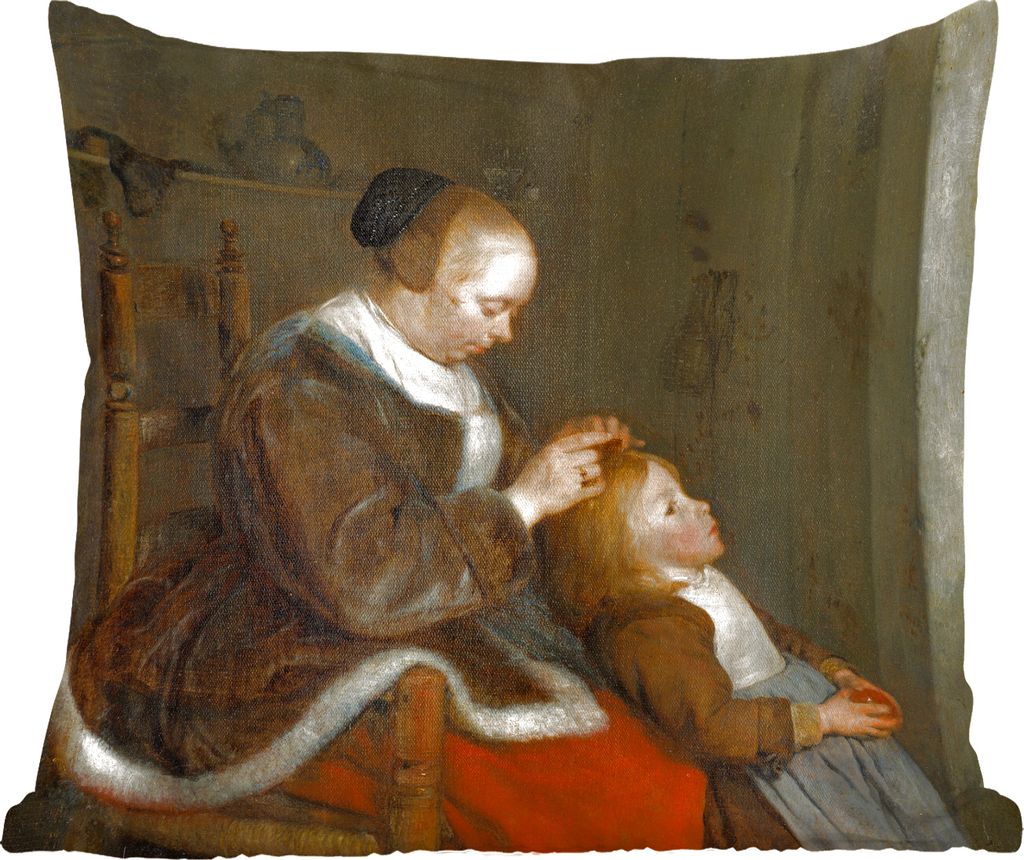 MuchoWow Zierkissen Sofakissen Wohnzimmer Dekokissen 60x60 cm Die Läusejagd - Gemälde von Gerard ter Borch - Sitzfläche - Foto Polster