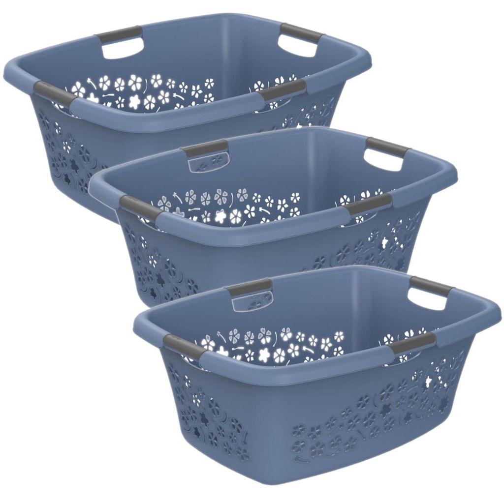 Rotho 3er-Set Wäschekorb 50L Flowers - Wäschesammler groß - Wäsche Korb 65,1 x 48,6 x 26,2 cm - Wäschebox - Aufbewahrungskorb Wäschebehälter