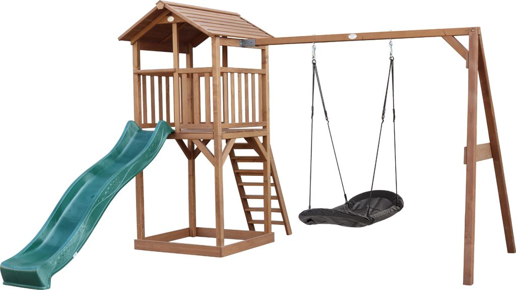 AXI Beach Tower Spielturm aus Holz in Braun | Spielhaus für Kinder mit grüner Rutsche, Nestschaukel und Sandkasten | Stelzenhaus für den Garten