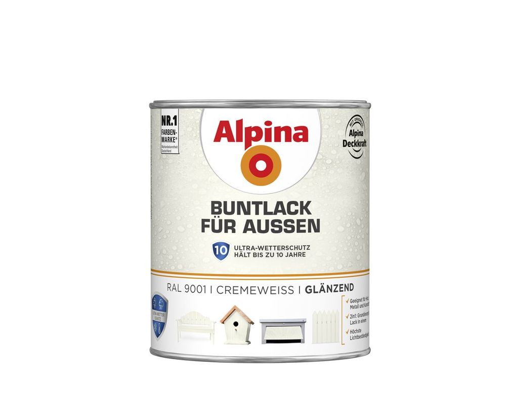 Alpina Buntlack für Außen Glänzend 0,75 L Farbwahl, Farbe (RAL):RAL 9001 Cremeweiß