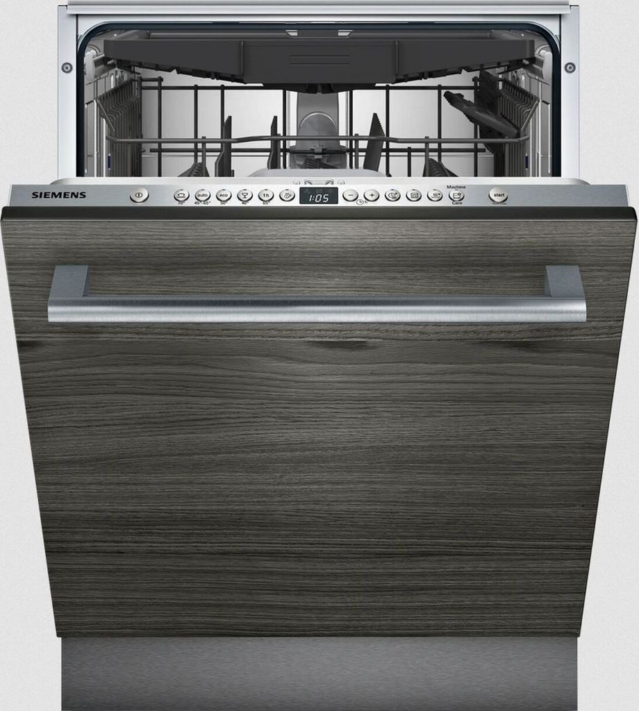 A front view of a Siemens dishwasher with its door open.