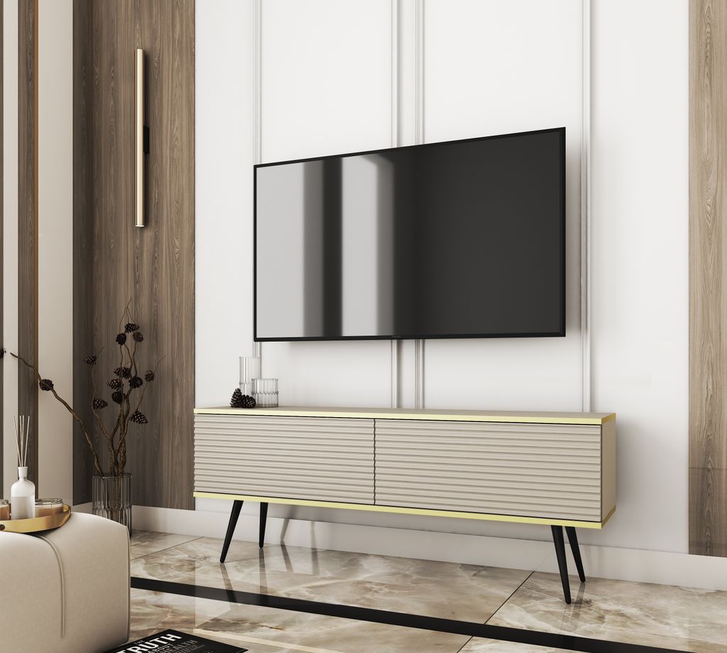 TV-Schrank Blum Oro MDF Beige 135 Beine Schwarz – Standmöbel zur Selbstmontage – Moderner, modischer Stil – Funktionalität – Lieferung na...